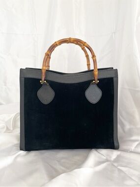 GUCCI Bamboo Diana Vintage Tote Bag Black Suede Leather Top Handles 1990s